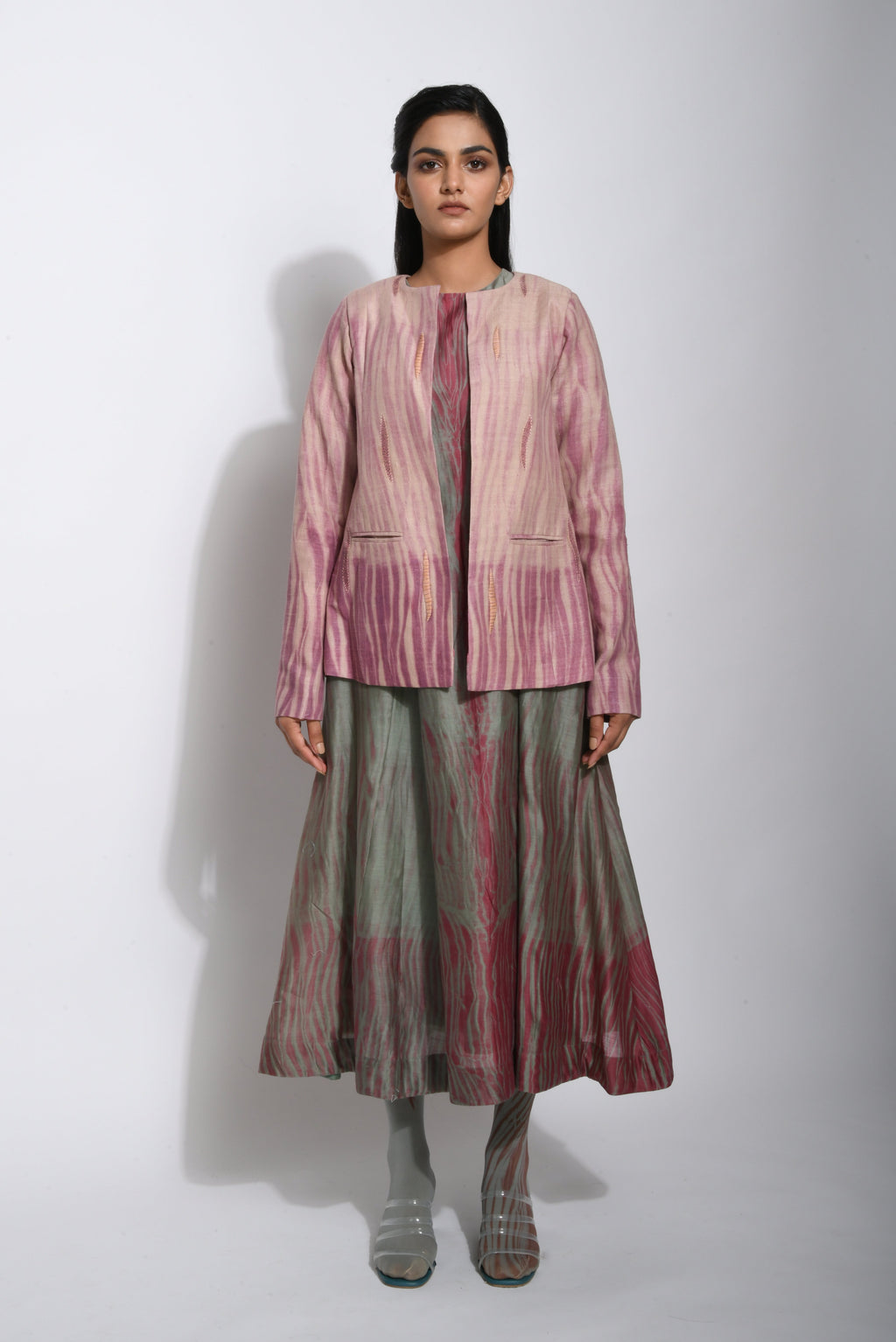 Pink Embroidered Textured Jacket at Kamakhyaa by The Loom Art. This item is Between the Lines, Embroidered, Jackets, July Sale, July Sale 2023, Matka Silk, Natural, Party Wear, Pink, Regular Fit, Textured, Womenswear