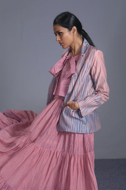 Pink Embroidered Textured Jacket at Kamakhyaa by The Loom Art. This item is Between the Lines, Blazers, Embroidered, Handwoven cotton silk, July Sale, July Sale 2023, Natural, Party Wear, Pink, Regular Fit, Textured, Womenswear