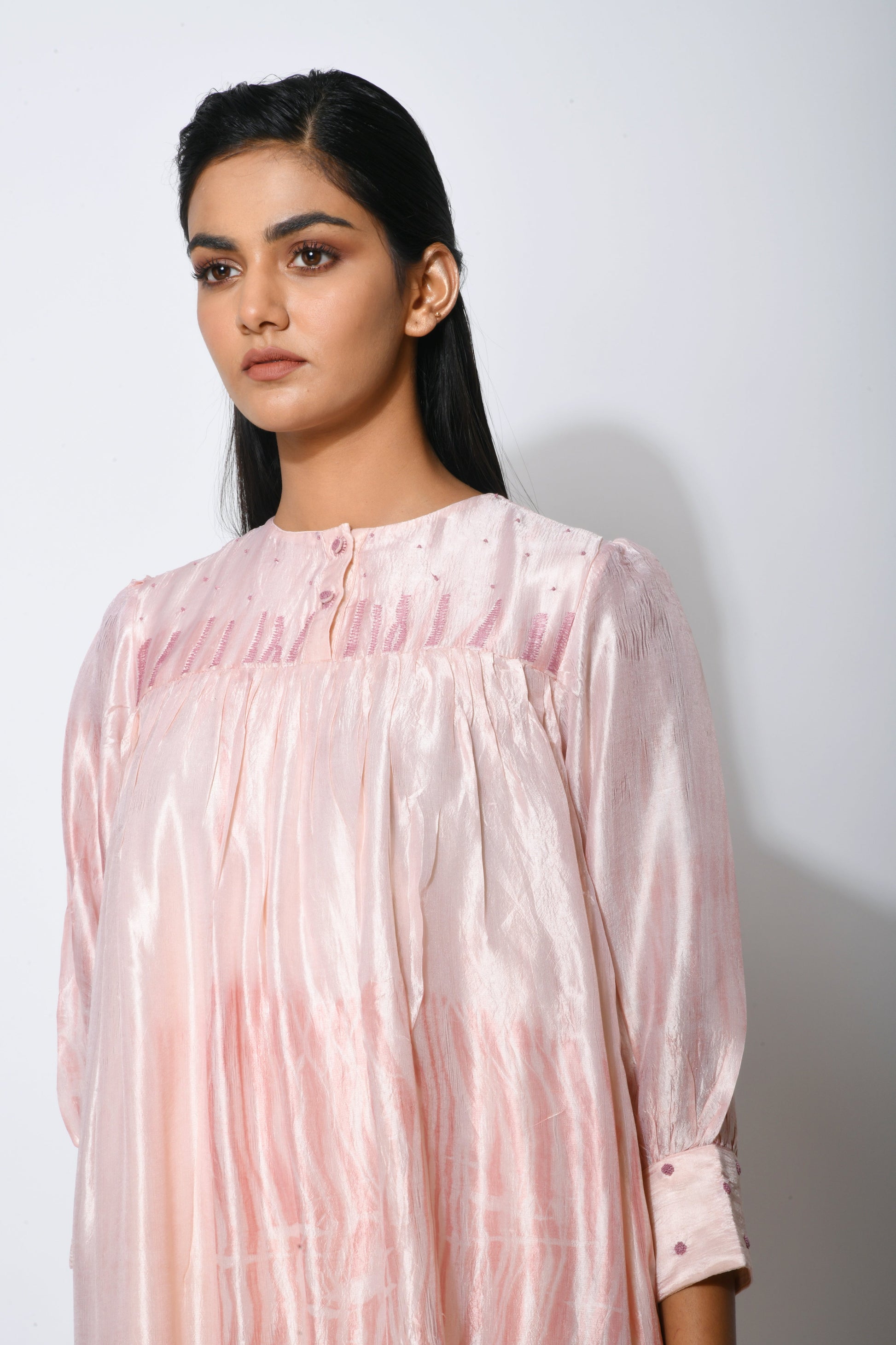 Pink Embroidered Tier Dress at Kamakhyaa by The Loom Art. This item is Between the Lines, Dupian Silk, Embroidered, July Sale, July Sale 2023, Midi Dresses, Natural, Party Wear, Pink, Regular Fit, Tiered Dresses, Womenswear