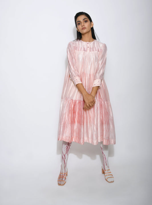 Pink Embroidered Tier Dress at Kamakhyaa by The Loom Art. This item is Between the Lines, Dupian Silk, Embroidered, July Sale, July Sale 2023, Midi Dresses, Natural, Party Wear, Pink, Regular Fit, Tiered Dresses, Womenswear