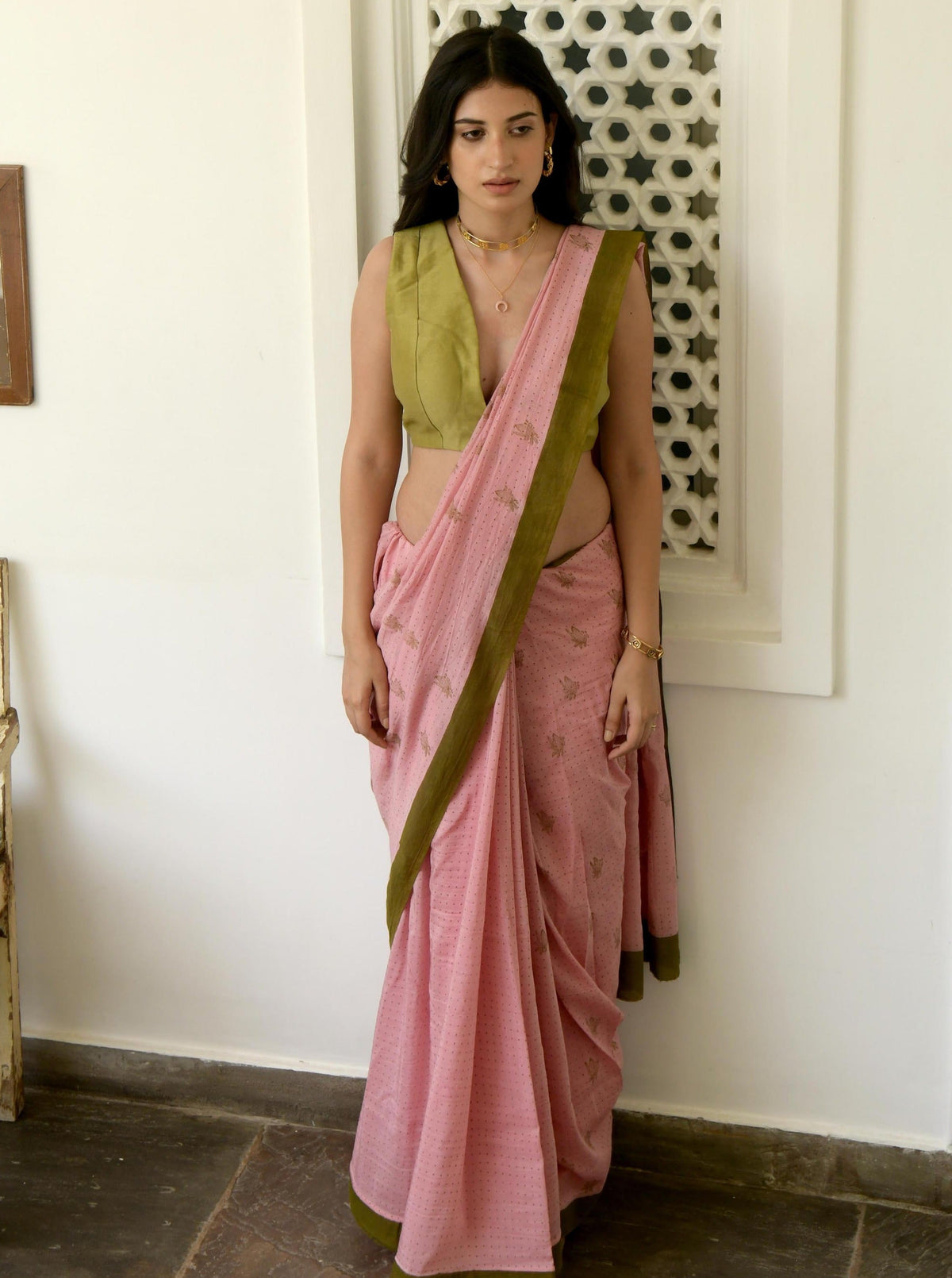 Pink Hand Block Printed Saree Set at Kamakhyaa by Taro. This item is Evening Wear, Gulzar Taro, Handwoven Cotton, Indian Wear, July Sale, July Sale 2023, Natural, Pink, Prints, Regular Fit, Saree Sets, Womenswear