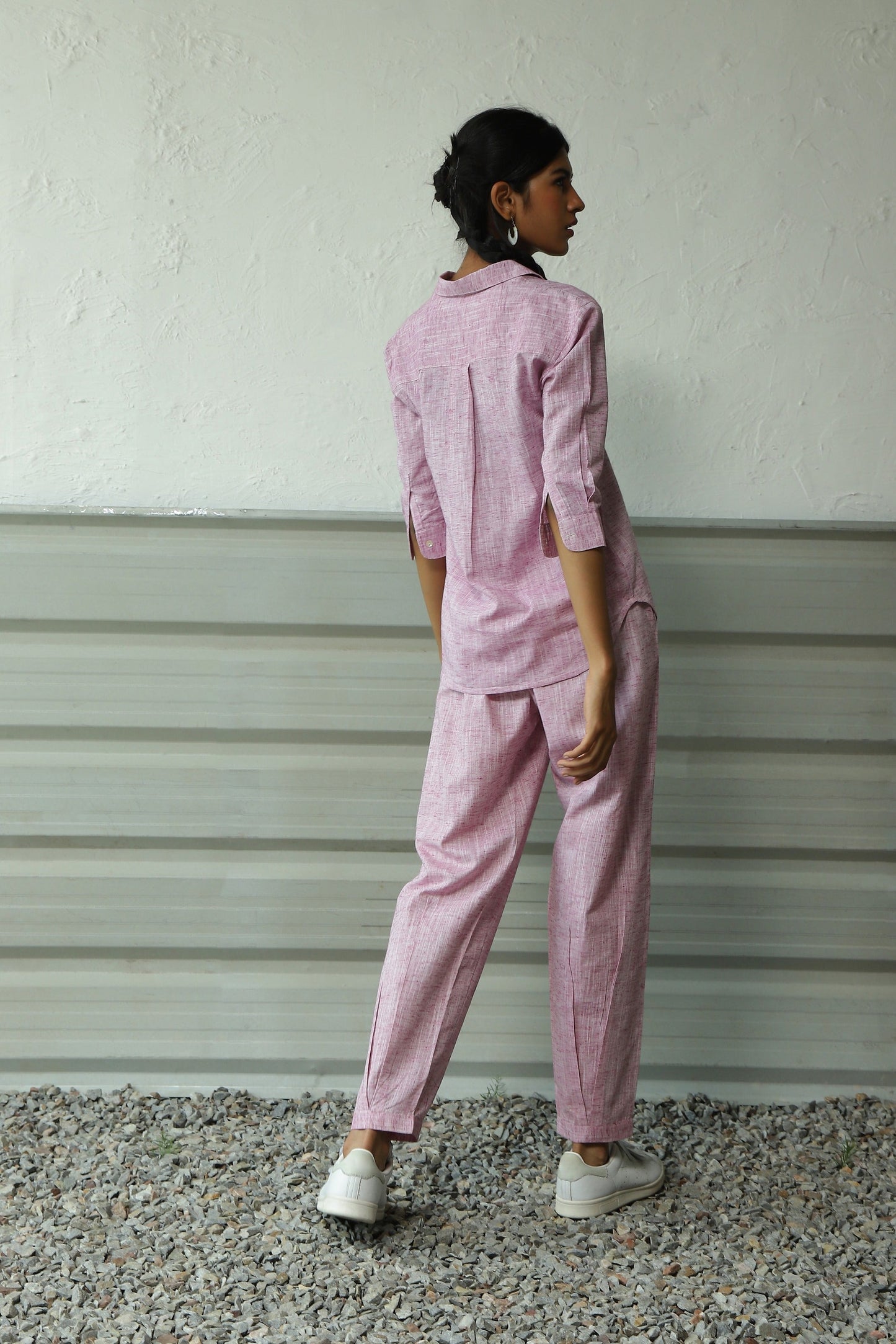 Pink Khadi Cotton Shirt Pant Co-Ord Set at Kamakhyaa by Canoopi. This item is Canoopi, Casual Wear, Complete Sets, Khadi, Natural, Pink, Regular Fit, Solids, Vacation Co-ords, Womenswear