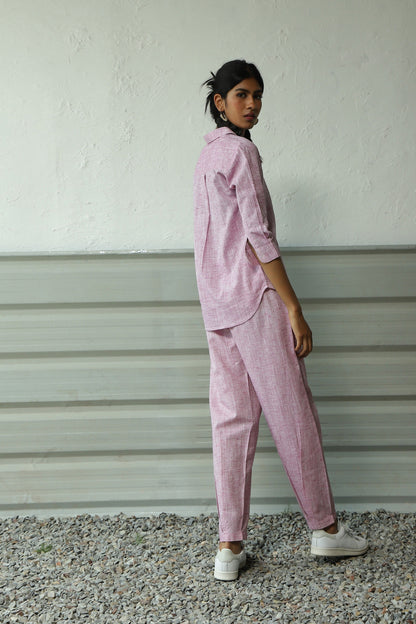 Pink Khadi Cotton Shirt Pant Co-Ord Set at Kamakhyaa by Canoopi. This item is Canoopi, Casual Wear, Complete Sets, Khadi, Natural, Pink, Regular Fit, Solids, Vacation Co-ords, Womenswear