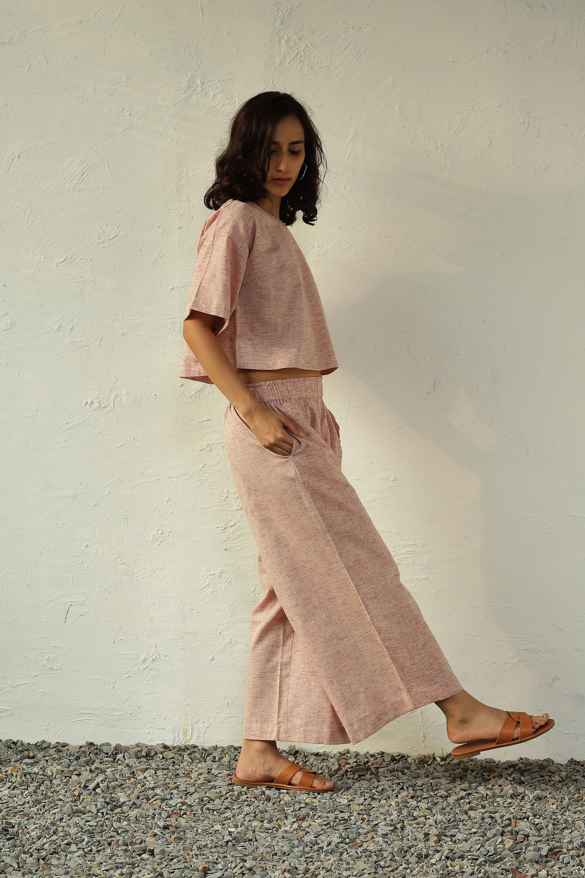 Pink Khadi Cotton Top Palazzo Set at Kamakhyaa by Canoopi. This item is Canoopi, Casual Wear, Complete Sets, Khadi, Natural, Pink, Regular Fit, Solids, Vacation Co-ords, Womenswear