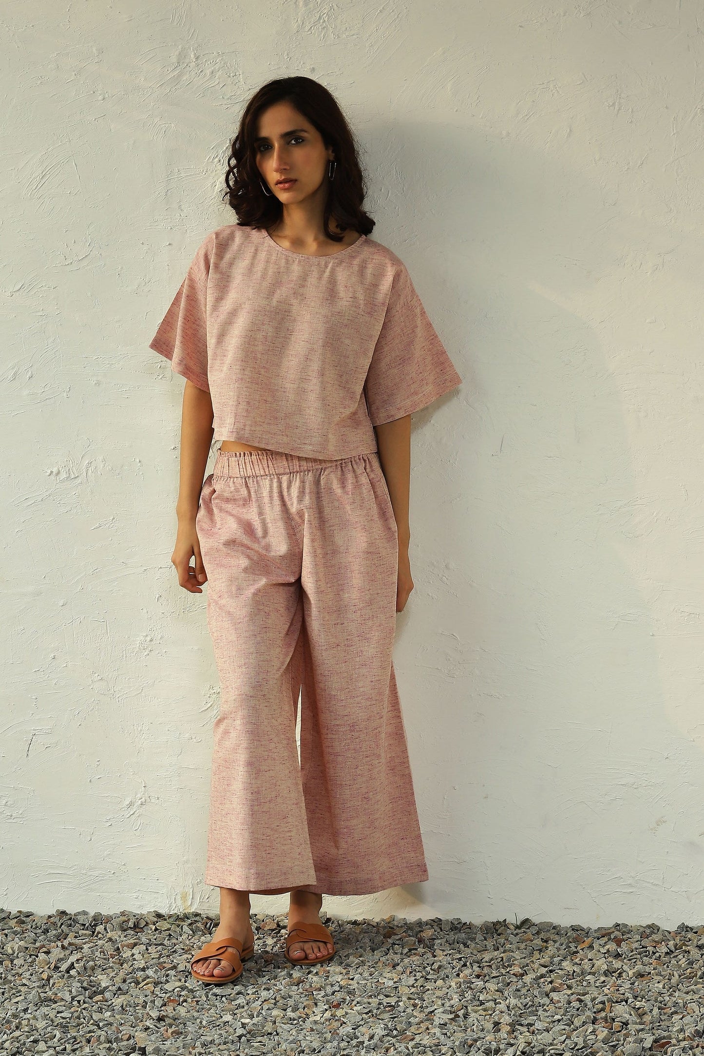 Pink Khadi Cotton Top Palazzo Set at Kamakhyaa by Canoopi. This item is Canoopi, Casual Wear, Complete Sets, Khadi, Natural, Pink, Regular Fit, Solids, Vacation Co-ords, Womenswear