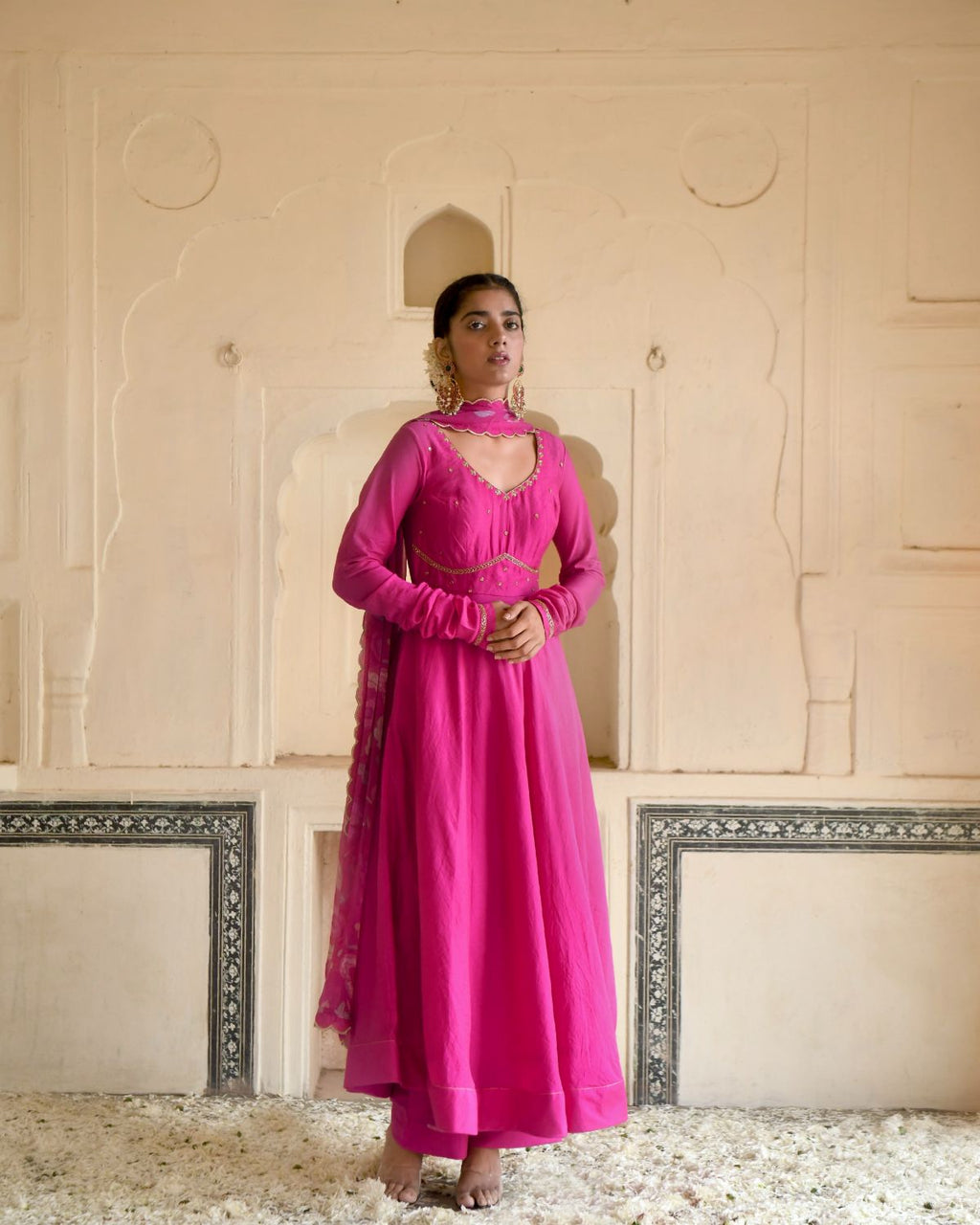 Pink Kurta Set With Chiffon Dupatta at Kamakhyaa by Taro. This item is Beads work, Best Selling, Chanderi Silk, Chiffon, Digital Print, Enchanted Garden, Evening Wear, Festive Wear, Fitted At Waist, Indian Wear, July Sale, July Sale 2023, Kurta Pant Sets, Kurta Set With Dupatta, Natural, Natural with azo free dyes, Pink, Sequin Work, Womenswear