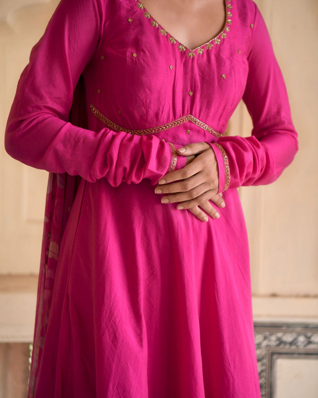 Pink Kurta Set With Chiffon Dupatta at Kamakhyaa by Taro. This item is Beads work, Best Selling, Chanderi Silk, Chiffon, Digital Print, Enchanted Garden, Evening Wear, Festive Wear, Fitted At Waist, Indian Wear, July Sale, July Sale 2023, Kurta Pant Sets, Kurta Set With Dupatta, Natural, Natural with azo free dyes, Pink, Sequin Work, Womenswear