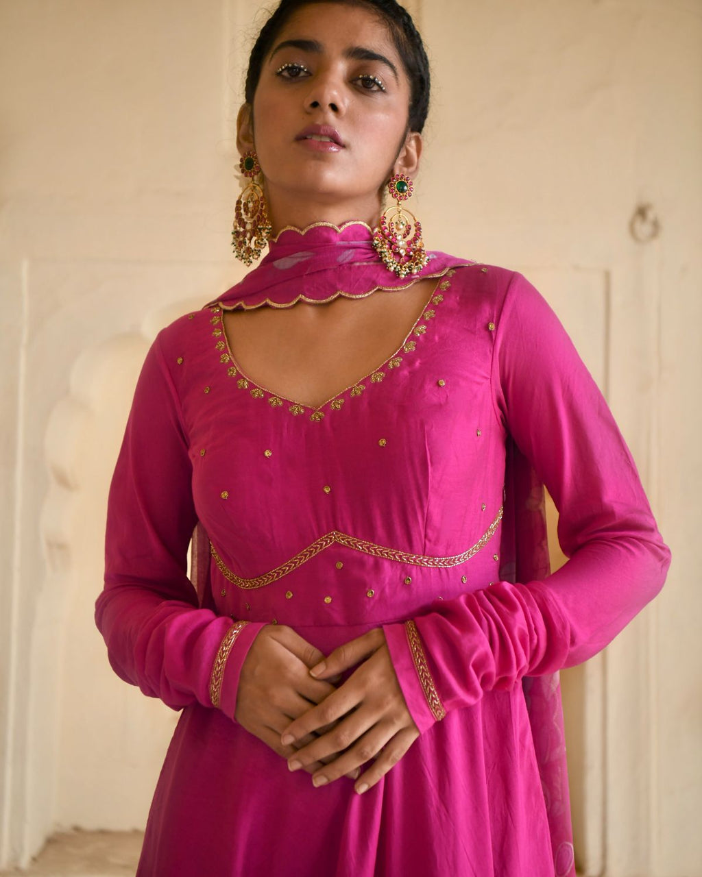 Pink Kurta Set With Chiffon Dupatta at Kamakhyaa by Taro. This item is Beads work, Best Selling, Chanderi Silk, Chiffon, Digital Print, Enchanted Garden, Evening Wear, Festive Wear, Fitted At Waist, Indian Wear, July Sale, July Sale 2023, Kurta Pant Sets, Kurta Set With Dupatta, Natural, Natural with azo free dyes, Pink, Sequin Work, Womenswear