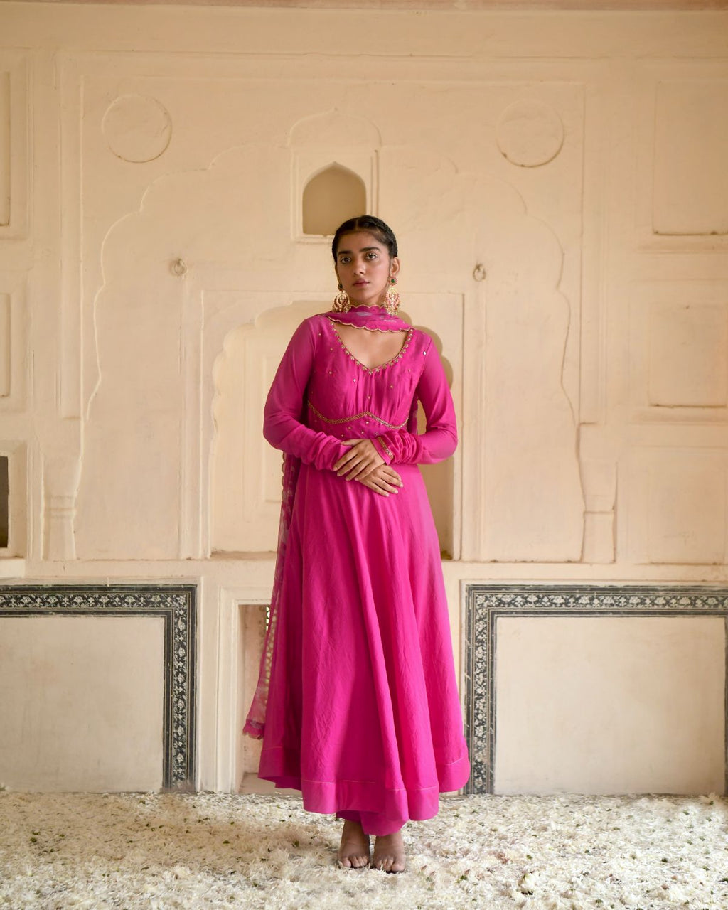 Pink Kurta Set With Chiffon Dupatta at Kamakhyaa by Taro. This item is Beads work, Best Selling, Chanderi Silk, Chiffon, Digital Print, Enchanted Garden, Evening Wear, Festive Wear, Fitted At Waist, Indian Wear, July Sale, July Sale 2023, Kurta Pant Sets, Kurta Set With Dupatta, Natural, Natural with azo free dyes, Pink, Sequin Work, Womenswear