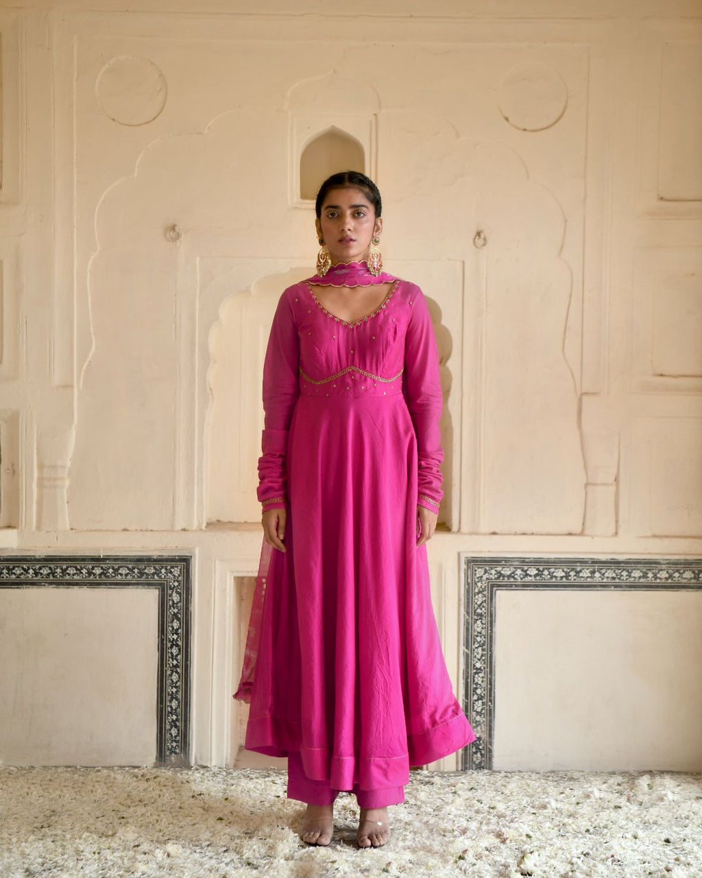 Pink Kurta Set With Chiffon Dupatta at Kamakhyaa by Taro. This item is Beads work, Best Selling, Chanderi Silk, Chiffon, Digital Print, Enchanted Garden, Evening Wear, Festive Wear, Fitted At Waist, Indian Wear, July Sale, July Sale 2023, Kurta Pant Sets, Kurta Set With Dupatta, Natural, Natural with azo free dyes, Pink, Sequin Work, Womenswear