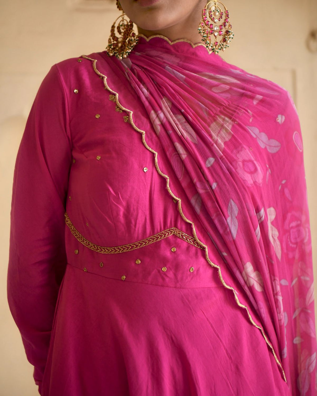 Pink Kurta Set With Chiffon Dupatta at Kamakhyaa by Taro. This item is Beads work, Best Selling, Chanderi Silk, Chiffon, Digital Print, Enchanted Garden, Evening Wear, Festive Wear, Fitted At Waist, Indian Wear, July Sale, July Sale 2023, Kurta Pant Sets, Kurta Set With Dupatta, Natural, Natural with azo free dyes, Pink, Sequin Work, Womenswear