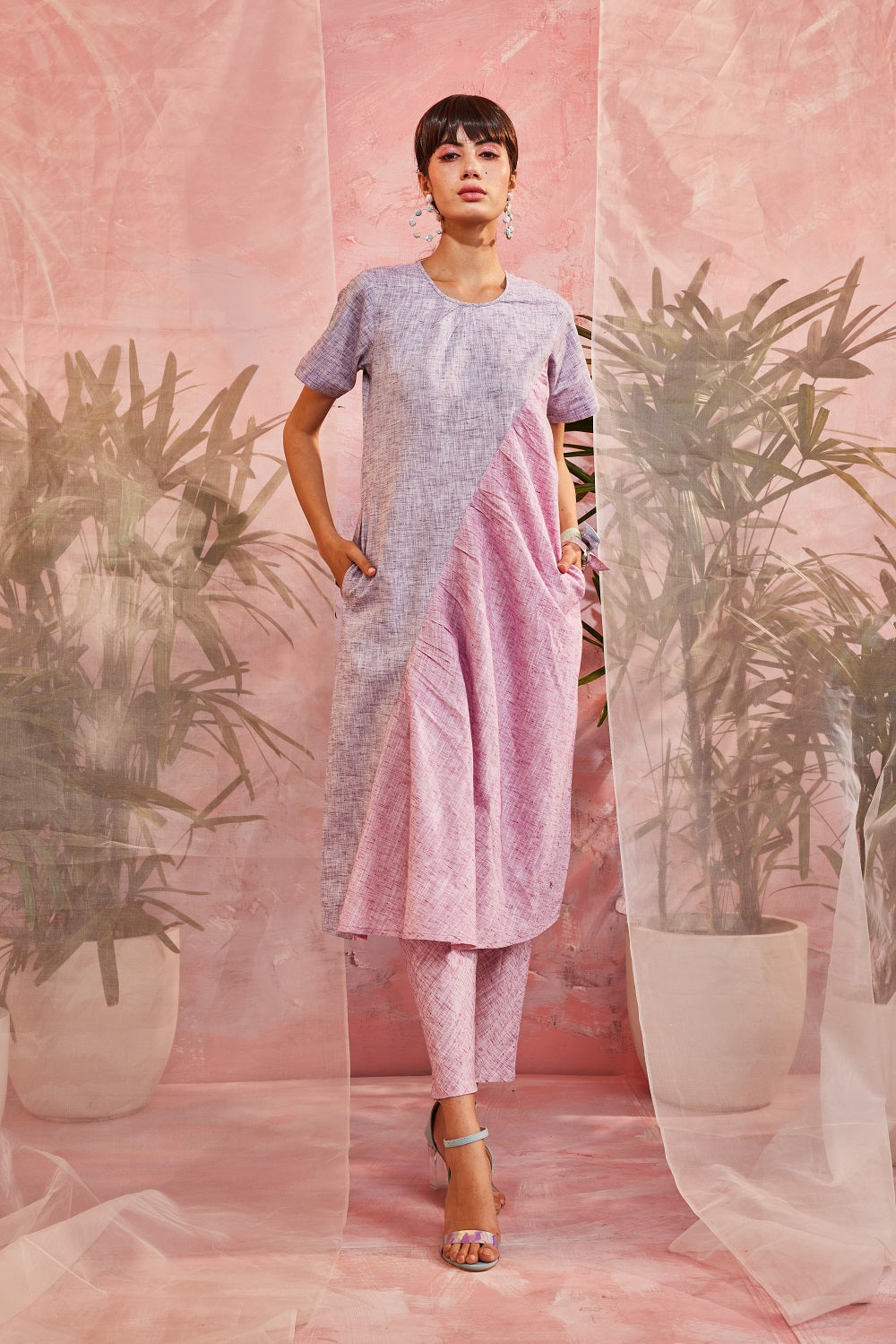 Pink Kurta with Pants at Kamakhyaa by Charkhee. This item is Casual Wear, Cotton, Indian Wear, Kurta Pant Sets, Natural, Patchwork, Pink, Purple, Regular Fit, Womenswear