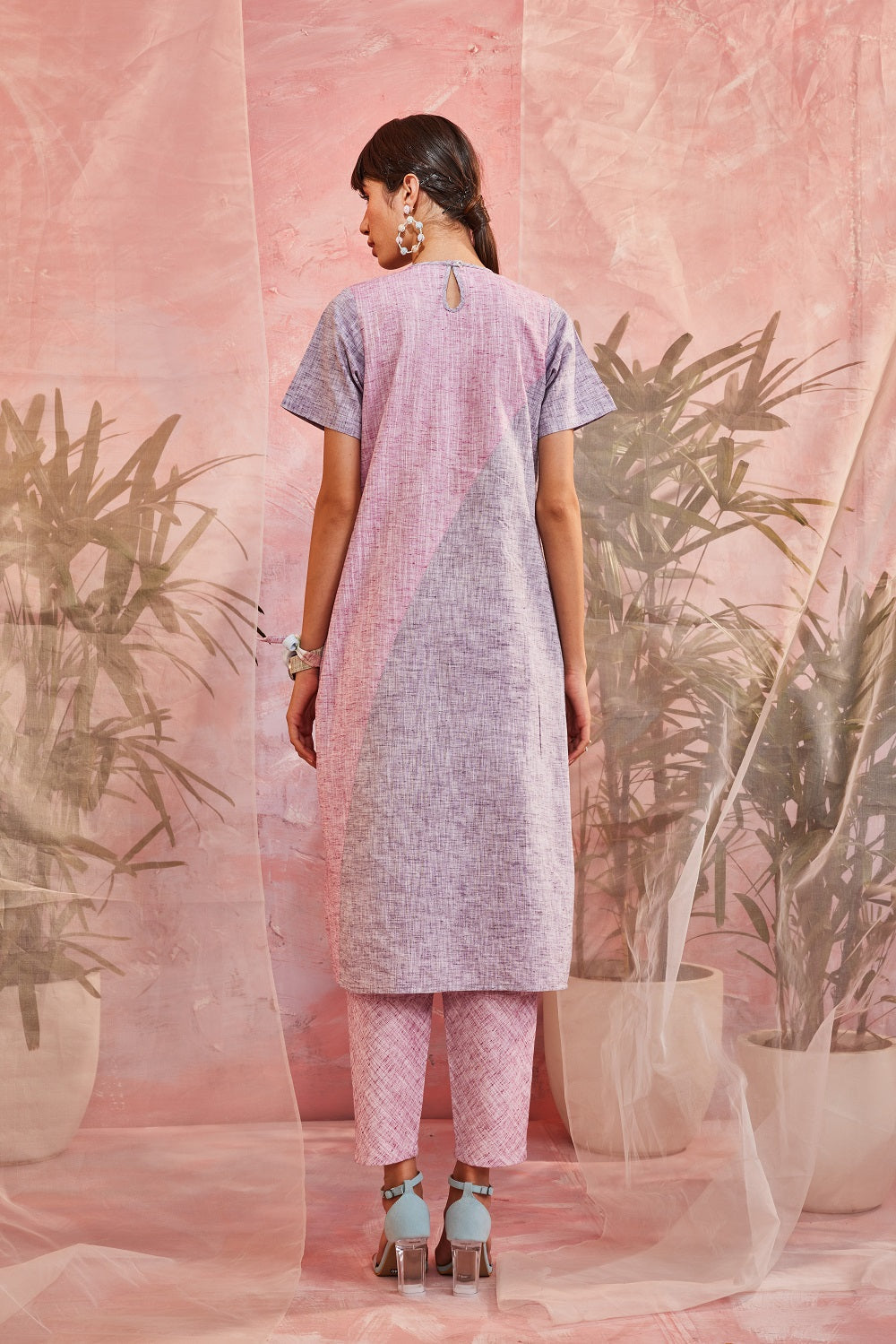 Pink Kurta with Pants at Kamakhyaa by Charkhee. This item is Casual Wear, Cotton, Indian Wear, Kurta Pant Sets, Natural, Patchwork, Pink, Purple, Regular Fit, Womenswear