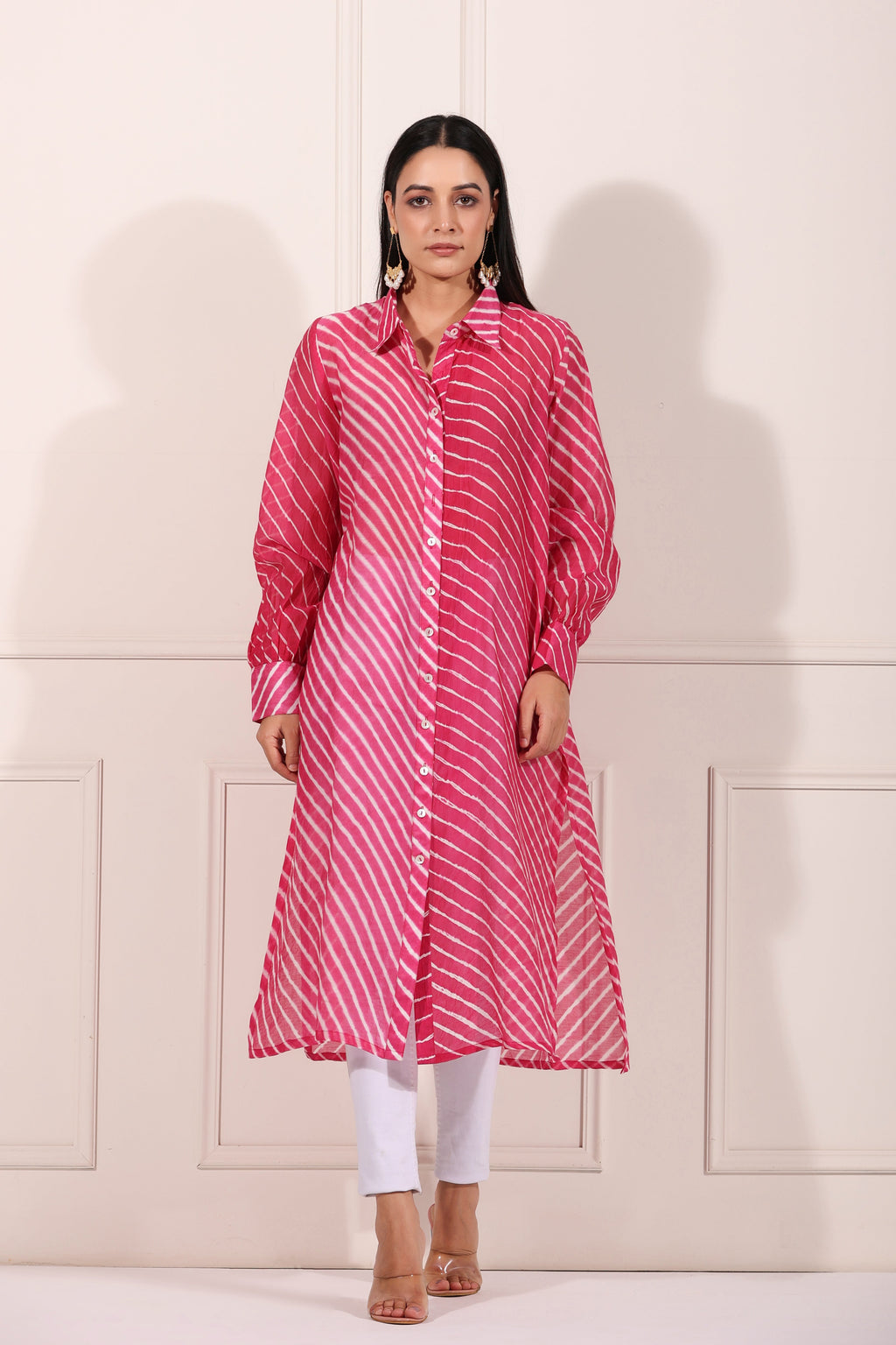 Pink Lehriya with Ankle Pants at Kamakhyaa by MOH-The Eternal Dhaga. This item is Chanderi Silk, Cotton, Festive Wear, Moh-The eternal Dhaga, Natural, Office Wear Co-ords, Pink, Regular Fit, Stripes, Womenswear