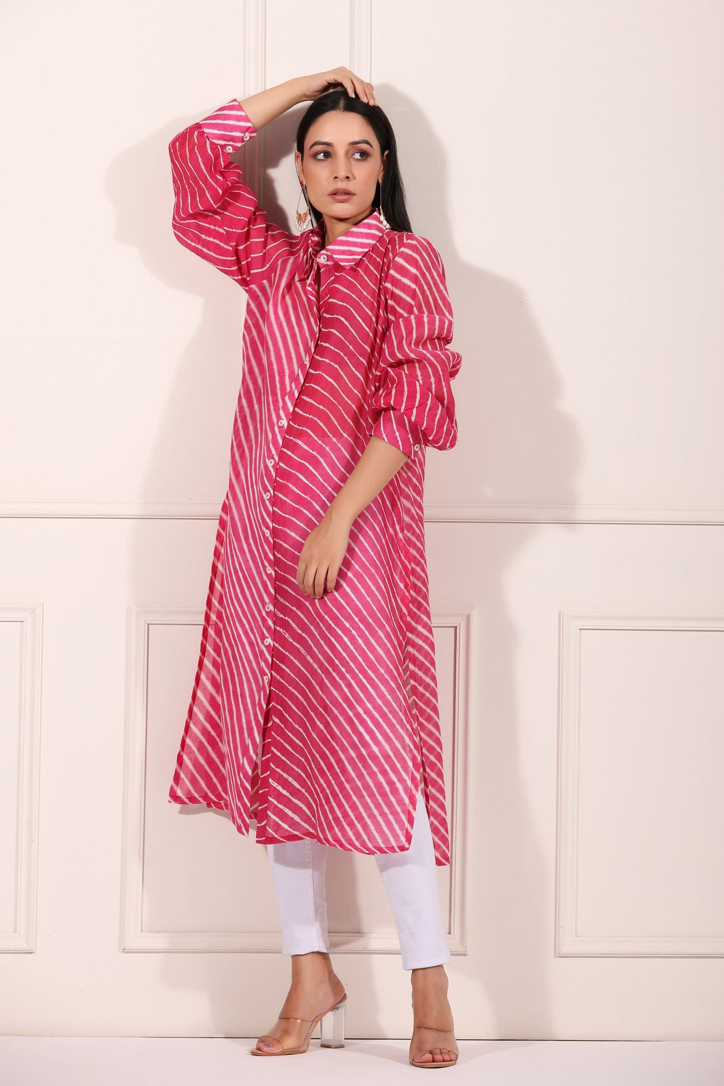 Pink Lehriya with Ankle Pants at Kamakhyaa by MOH-The Eternal Dhaga. This item is Chanderi Silk, Cotton, Festive Wear, Moh-The eternal Dhaga, Natural, Office Wear Co-ords, Pink, Regular Fit, Stripes, Womenswear