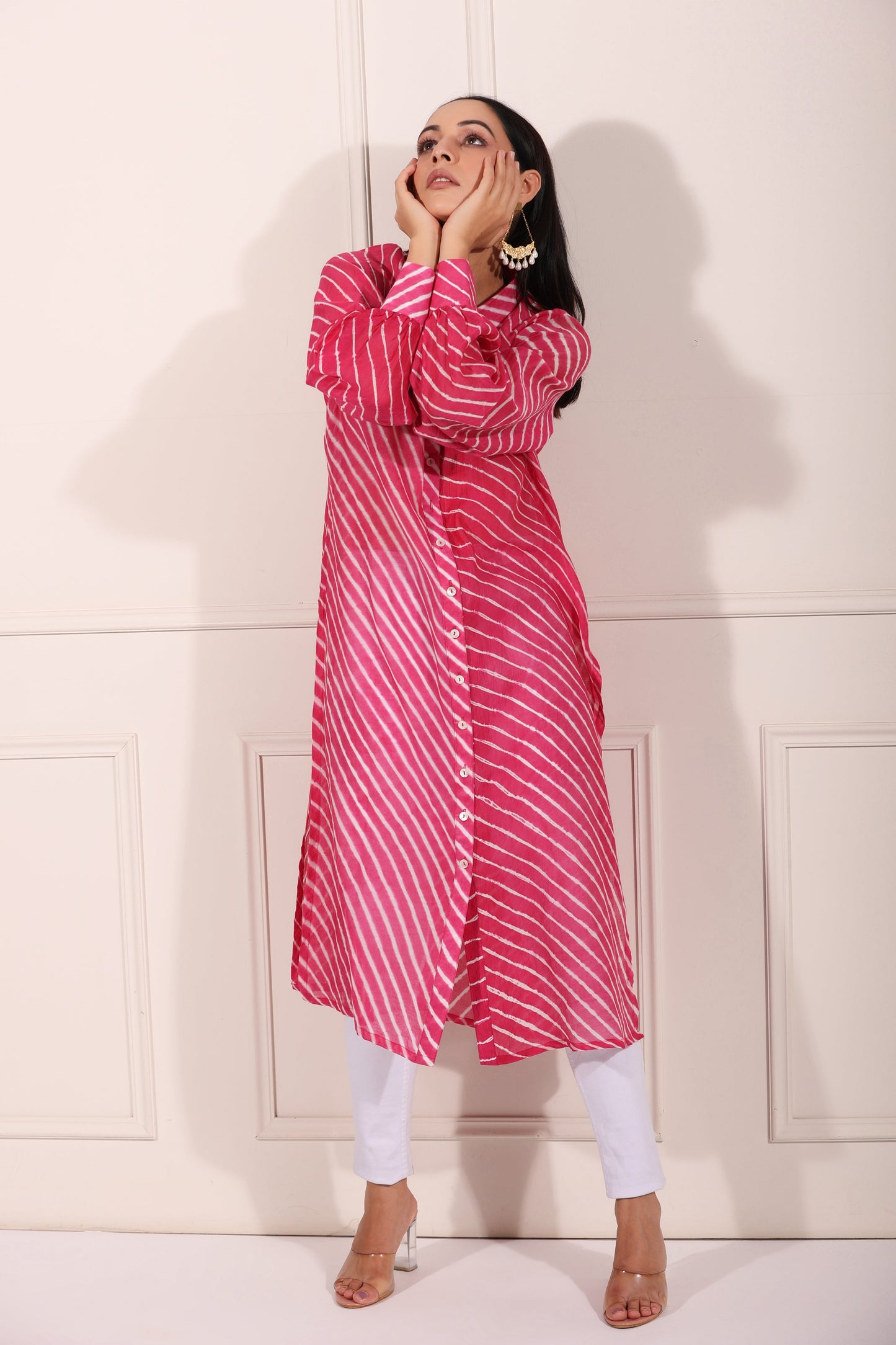 Pink Lehriya with Ankle Pants at Kamakhyaa by MOH-The Eternal Dhaga. This item is Chanderi Silk, Cotton, Festive Wear, Moh-The eternal Dhaga, Natural, Office Wear Co-ords, Pink, Regular Fit, Stripes, Womenswear