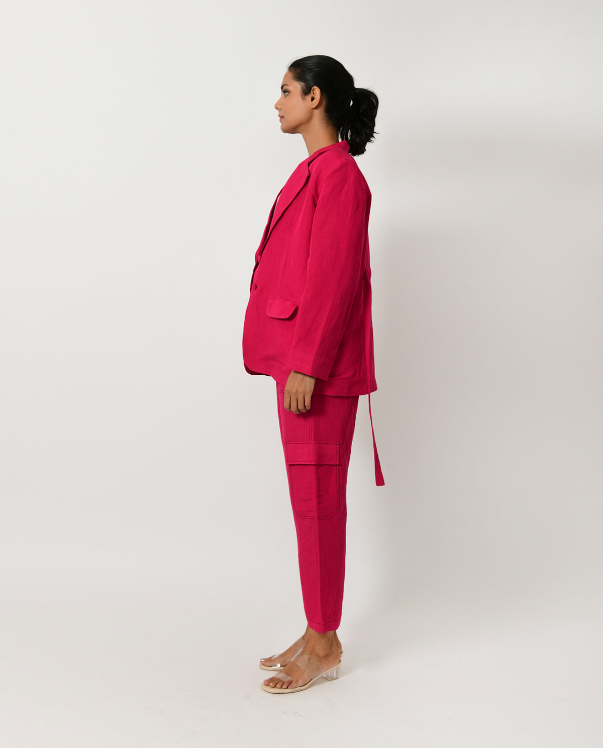 Pink Linen Blazer Co-ord at Kamakhyaa by Rias Jaipur. This item is Co-ord Sets, Linen Blend, Natural, Office Wear, Office Wear Co-ords, Pink, Regular Fit, Solids, Womenswear, Yaadein