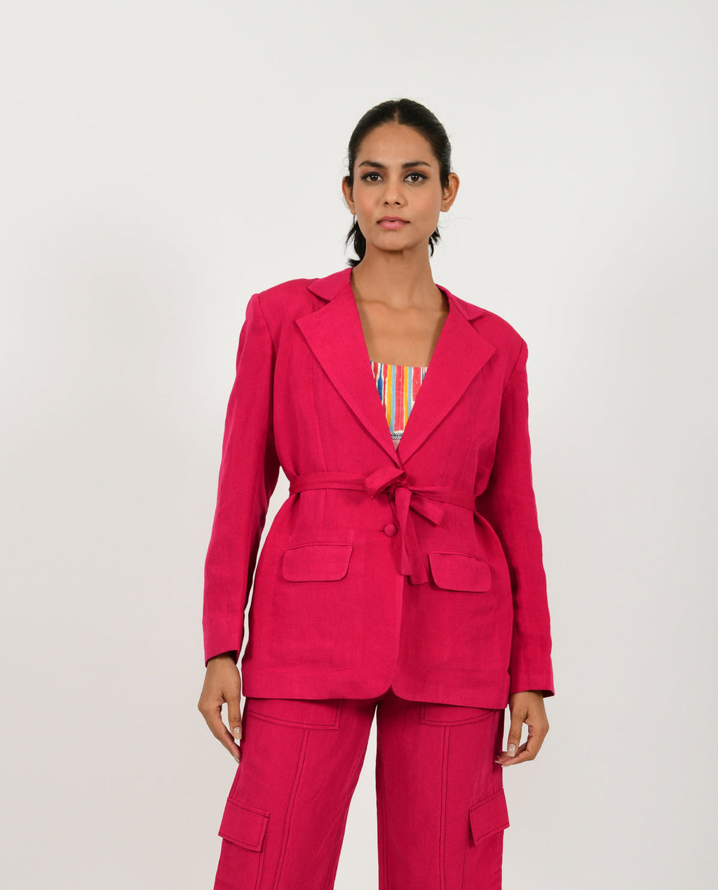 Pink Linen Cargo Jacket at Kamakhyaa by Rias Jaipur. This item is Blazers, Casual Wear, Linen Blend, Natural, Organic Cotton, Pink, Regular Fit, Solids, Womenswear, Yaadein