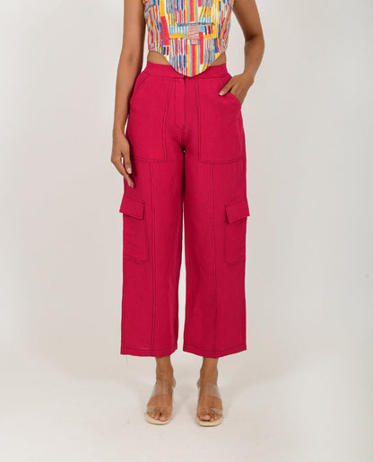 Pink Linen Cargo Pants at Kamakhyaa by Rias Jaipur. This item is Casual Wear, Linen Blend, Natural, Pants, Pink, Relaxed Fit, Solids, Womenswear, Yaadein