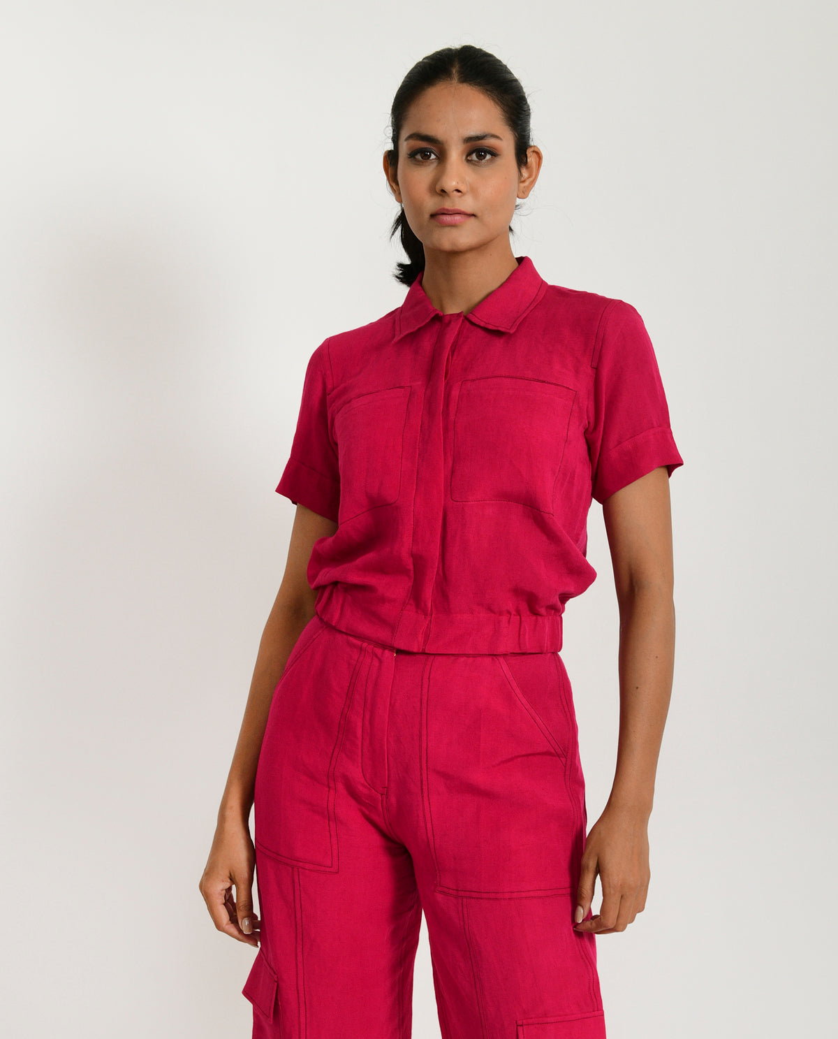 Pink Linen Crop Top at Kamakhyaa by Rias Jaipur. This item is Casual Wear, Crop Tops, Linen Blend, Natural, Pink, Regular Fit, Solids, Womenswear, Yaadein