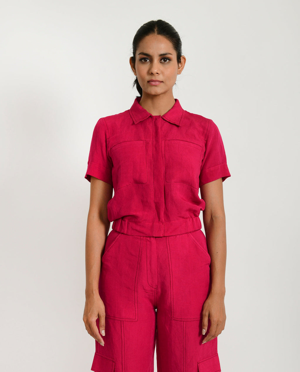 Pink Linen Crop Top at Kamakhyaa by Rias Jaipur. This item is Casual Wear, Crop Tops, Linen Blend, Natural, Pink, Regular Fit, Solids, Womenswear, Yaadein