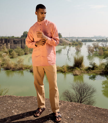 Pink Linen Shirt With Raglan Sleeves at Kamakhyaa by Khara Kapas. This item is Birdsong, Casual Wear, kharakapas, Linen, Menswear, Natural, Pink, Prints, Regular Fit, Shirts