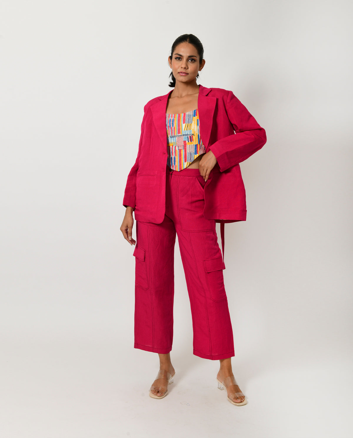 Pink Linen Tri Set at Kamakhyaa by Rias Jaipur. This item is Co-ord Sets, Linen Blend, Natural, Office Wear, Office Wear Co-ords, Pink, Regular Fit, Solids, Womenswear, Yaadein