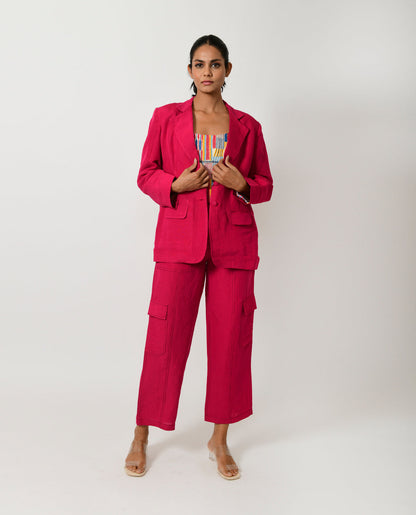 Pink Linen Tri Set at Kamakhyaa by Rias Jaipur. This item is Co-ord Sets, Linen Blend, Natural, Office Wear, Office Wear Co-ords, Pink, Regular Fit, Solids, Womenswear, Yaadein