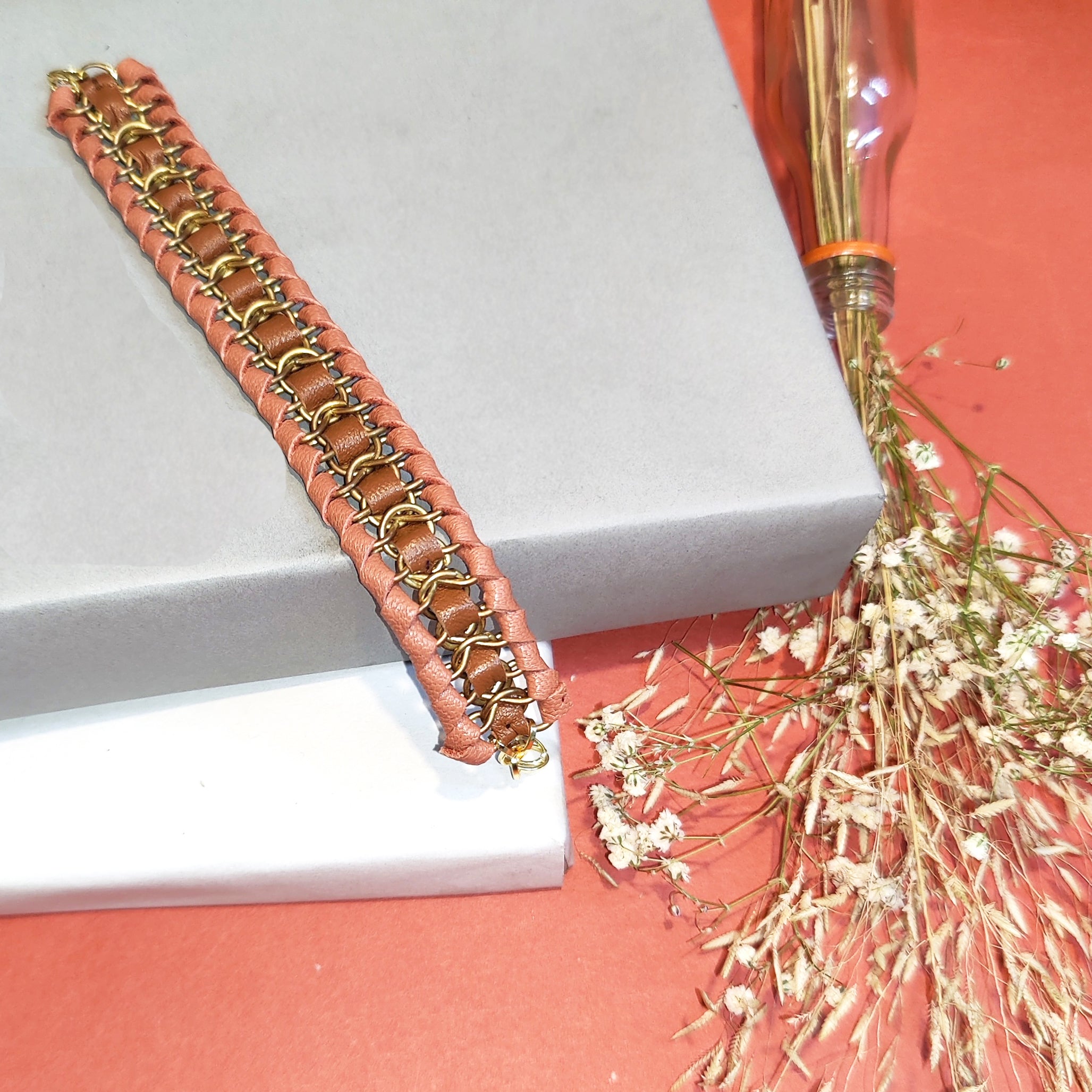 Pink Link Bracelet at Kamakhyaa by Noupelle. This item is Add Ons, Bracelets, Casual Wear, Free Size, jewelry, Less than $50, Natural, Pink, Products less than $25, Textured, Upcycled, Upcycled leather