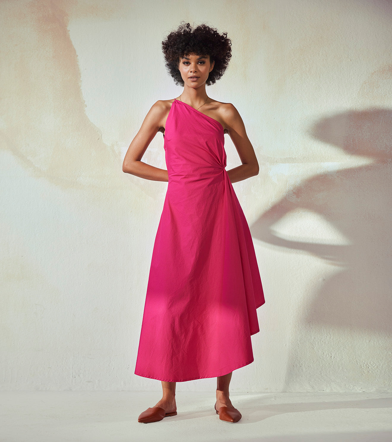Pink Maxi Dress at Kamakhyaa by Khara Kapas. This item is Endless Summer, FB ADS JUNE, Highend fashion, Maxi Dresses, Natural, One Shoulder Dresses, Pink, Poplin, Regular Fit, Resort Wear, Solid Selfmade, Solids, Womenswear