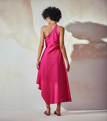 Pink Maxi Dress at Kamakhyaa by Khara Kapas. This item is Endless Summer, FB ADS JUNE, Highend fashion, Maxi Dresses, Natural, One Shoulder Dresses, Pink, Poplin, Regular Fit, Resort Wear, Solid Selfmade, Solids, Womenswear