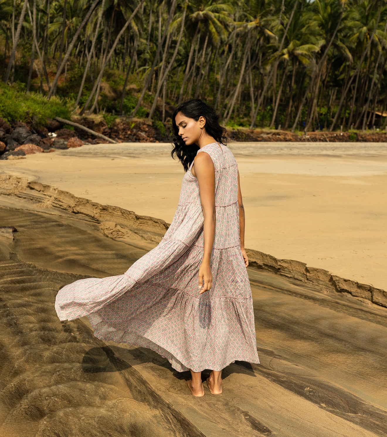 Pink Maxi Dress at Kamakhyaa by Khara Kapas. This item is Cotton, Maxi Dresses, Natural, Oh Carol, Pink, Regular Fit, Resort Wear, Sleeveless Dresses, Solids, Tiered Dresses, Womenswear