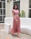 Pink Maxi Dress at Kamakhyaa by Taro. This item is Dusk To Dawn, Embroidered, Evening Wear, July Sale, July Sale 2023, Maxi Dresses, Modal Satin, Natural, Pink, Regular Fit, Ruffle Dresses, Silk, Sleeveless Dresses, Womenswear