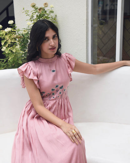 Pink Maxi Dress at Kamakhyaa by Taro. This item is Dusk To Dawn, Embroidered, Evening Wear, July Sale, July Sale 2023, Maxi Dresses, Modal Satin, Natural, Pink, Regular Fit, Ruffle Dresses, Silk, Sleeveless Dresses, Womenswear