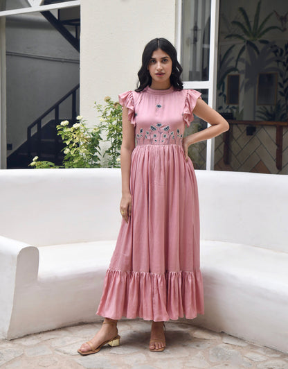 Pink Maxi Dress at Kamakhyaa by Taro. This item is Dusk To Dawn, Embroidered, Evening Wear, July Sale, July Sale 2023, Maxi Dresses, Modal Satin, Natural, Pink, Regular Fit, Ruffle Dresses, Silk, Sleeveless Dresses, Womenswear