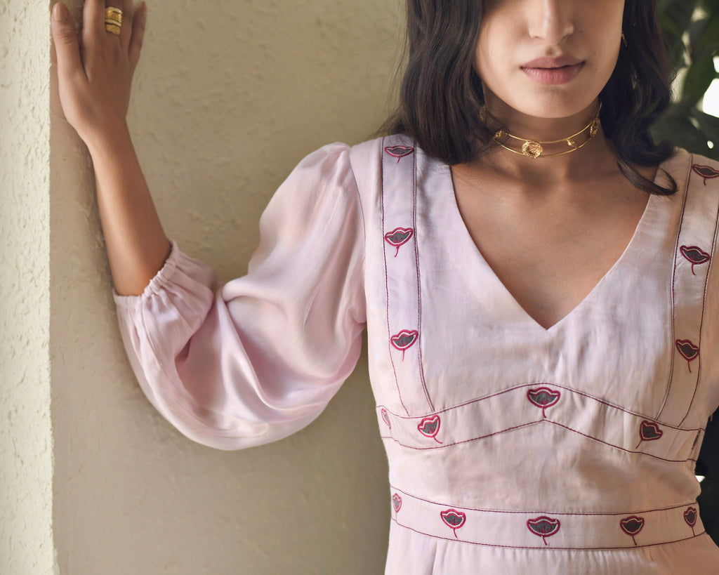 Pink Maxi Dress at Kamakhyaa by Taro. This item is Dusk To Dawn, Embroidered, Evening Wear, July Sale, July Sale 2023, Maxi Dresses, Modal Satin, Natural, Regular Fit, Silk, White, Womenswear