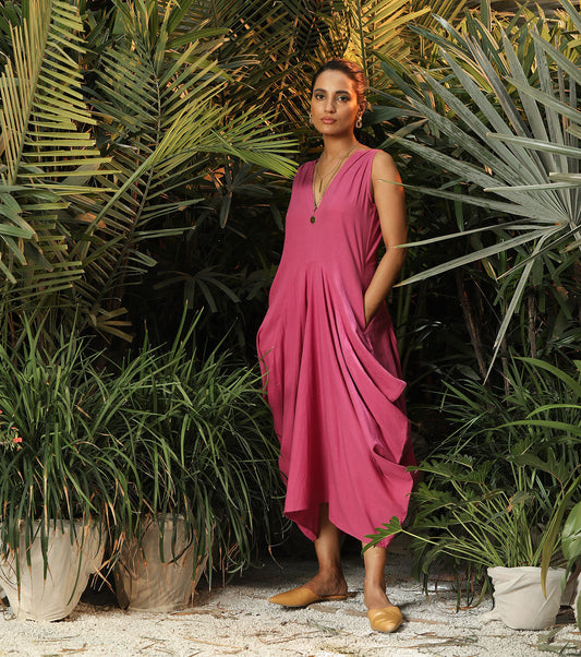 Pink Midi Dress with pockets at Kamakhyaa by Khara Kapas. This item is Lost In paradise, Midi Dresses, Mul Cotton, Natural, Pink, Regular Fit, Resort Wear, Sleeveless Dresses, Solid Selfmade, Solids, Womenswear