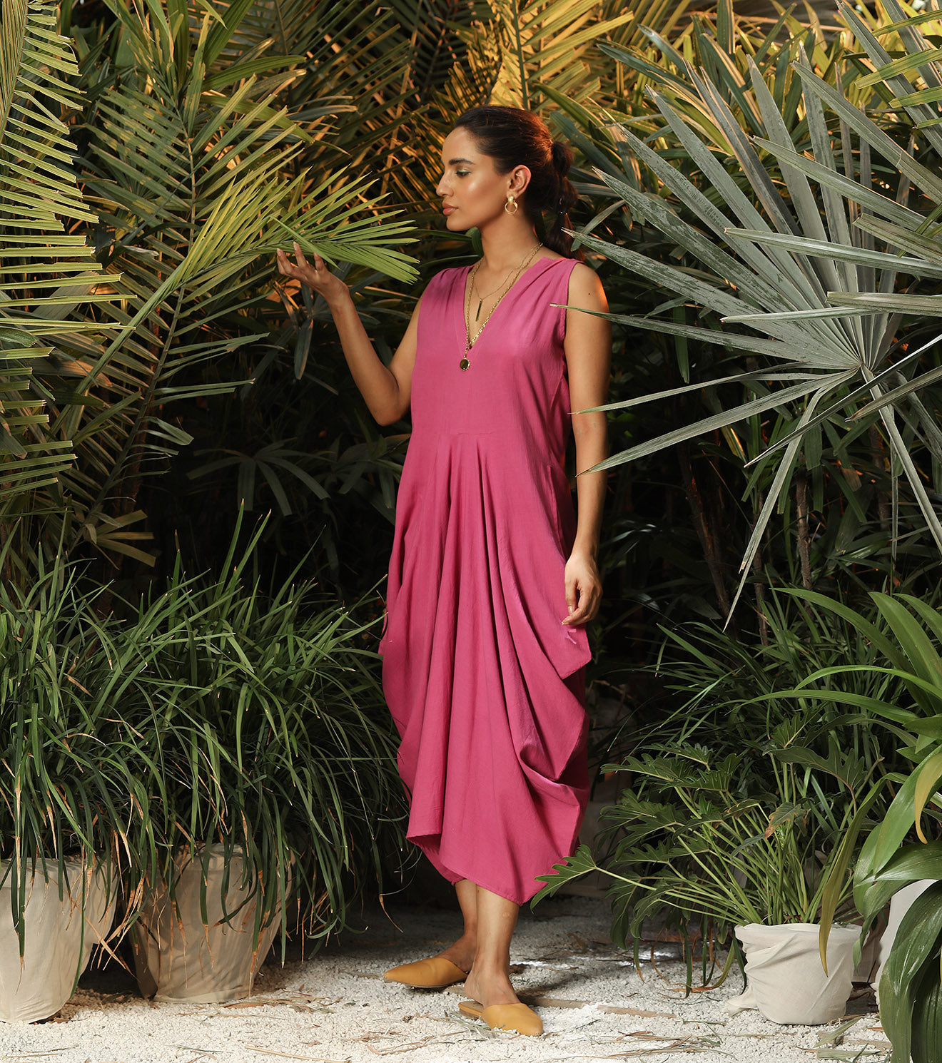 Pink Midi Dress with pockets at Kamakhyaa by Khara Kapas. This item is Lost In paradise, Midi Dresses, Mul Cotton, Natural, Pink, Regular Fit, Resort Wear, Sleeveless Dresses, Solid Selfmade, Solids, Womenswear
