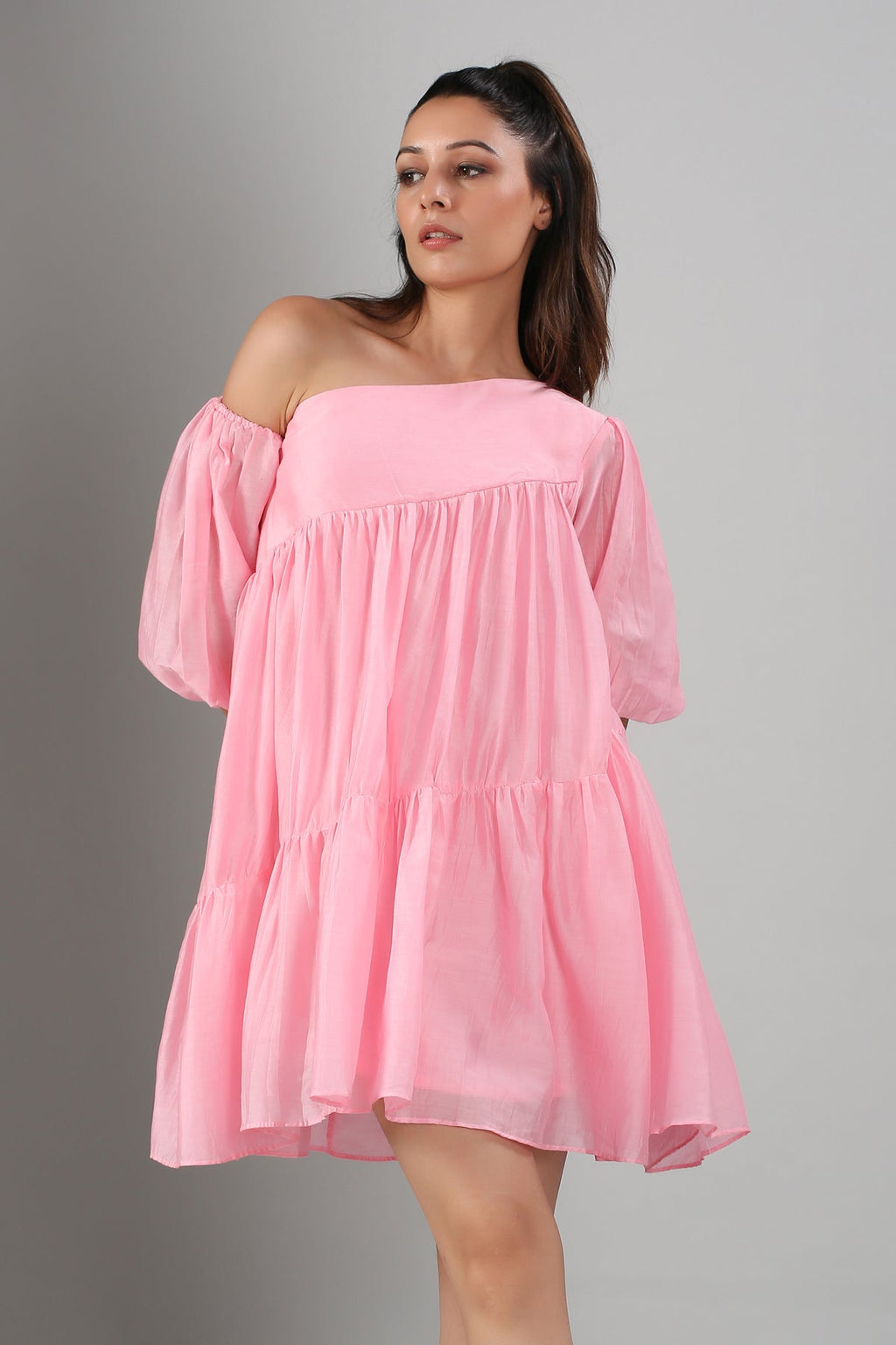Pink Off Shoulder Dress at Kamakhyaa by MOH-The Eternal Dhaga. This item is Casual Wear, Cotton, Moh-The eternal Dhaga, Natural, Off-Shoulder Dresses, Pink, Relaxed Fit, Solids, Womenswear