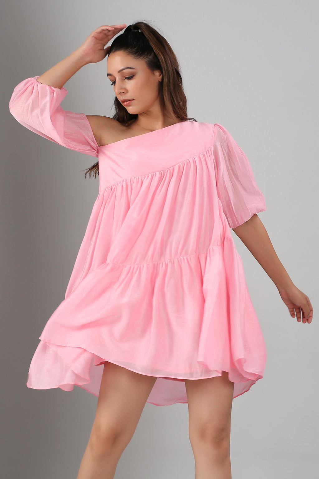 Pink Off Shoulder Dress at Kamakhyaa by MOH-The Eternal Dhaga. This item is Casual Wear, Cotton, Moh-The eternal Dhaga, Natural, Off-Shoulder Dresses, Pink, Relaxed Fit, Solids, Womenswear