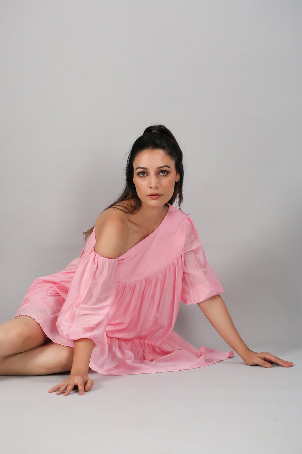 Pink Off Shoulder Dress at Kamakhyaa by MOH-The Eternal Dhaga. This item is Casual Wear, Cotton, Moh-The eternal Dhaga, Natural, Off-Shoulder Dresses, Pink, Relaxed Fit, Solids, Womenswear