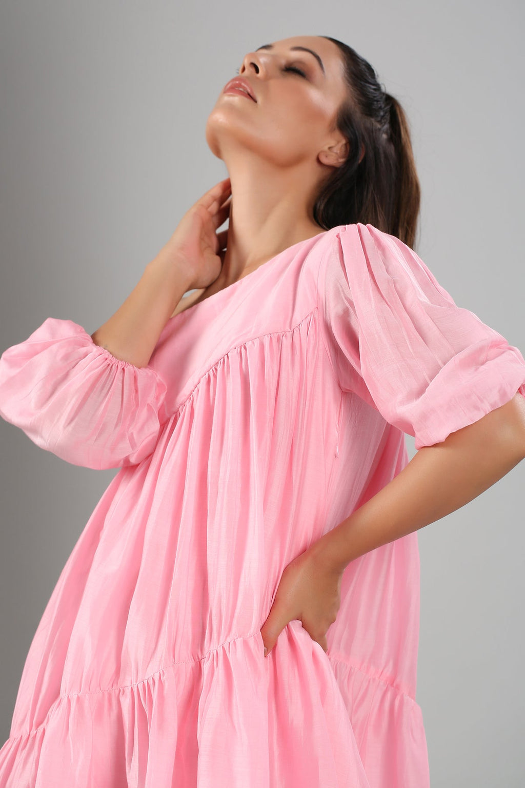 Pink Off Shoulder Dress at Kamakhyaa by MOH-The Eternal Dhaga. This item is Casual Wear, Cotton, Moh-The eternal Dhaga, Natural, Off-Shoulder Dresses, Pink, Relaxed Fit, Solids, Womenswear