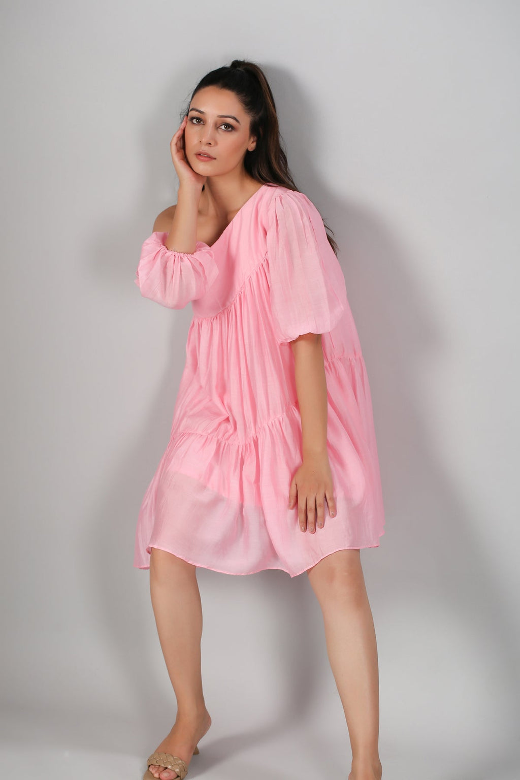 Pink Off Shoulder Dress at Kamakhyaa by MOH-The Eternal Dhaga. This item is Casual Wear, Cotton, Moh-The eternal Dhaga, Natural, Off-Shoulder Dresses, Pink, Relaxed Fit, Solids, Womenswear