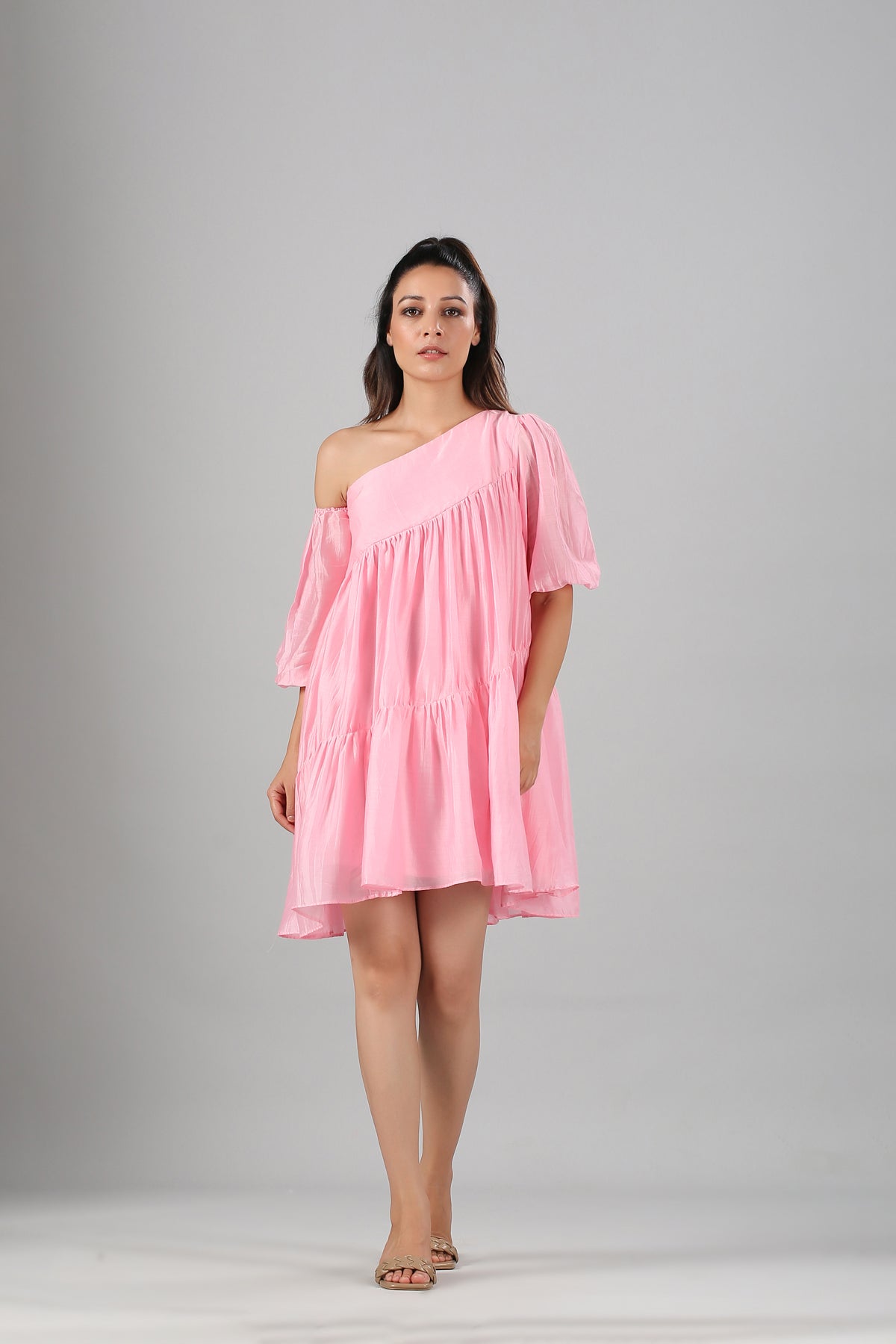 Pink Off Shoulder Dress at Kamakhyaa by MOH-The Eternal Dhaga. This item is Casual Wear, Cotton, Moh-The eternal Dhaga, Natural, Off-Shoulder Dresses, Pink, Relaxed Fit, Solids, Womenswear