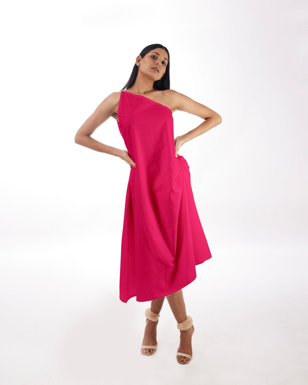 Pink One Shoulder Dress at Kamakhyaa by Kamakhyaa. This item is 100% pure cotton, Evening Wear, KKYSS, Natural, One Shoulder Dresses, Pink, Regular Fit, Solids, Summer Sutra, Womenswear