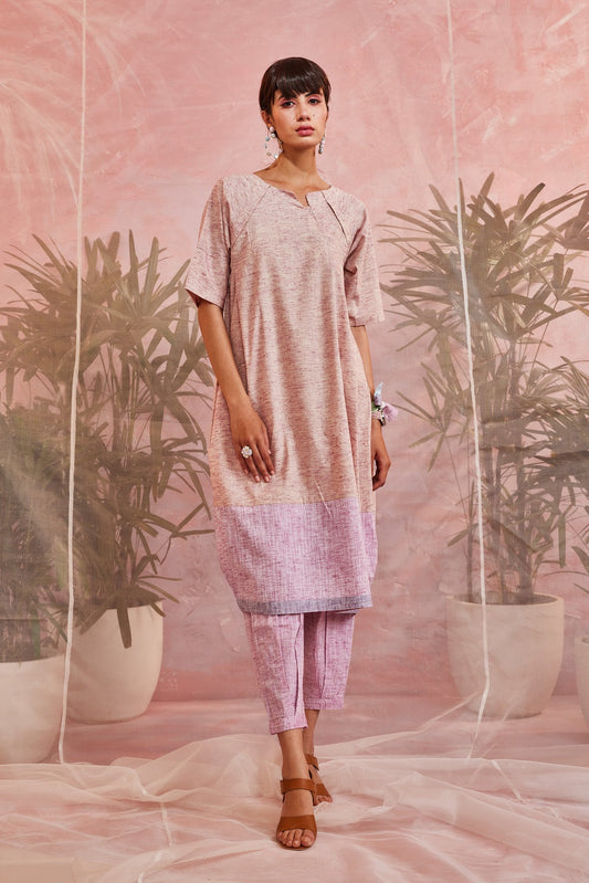 Pink Placket Tunic with Pants - Set of 2 at Kamakhyaa by Charkhee. This item is Casual Wear, Cotton, Indian Wear, Kurta Pant Sets, Natural, Patchwork, Pink, Regular Fit, Womenswear