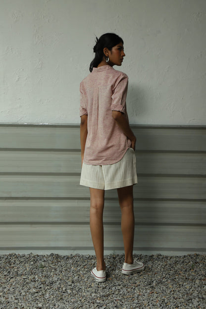 Pink Pleated Cotton Shirt With White Short Set at Kamakhyaa by Canoopi. This item is Canoopi, Casual Wear, Complete Sets, Khadi, Natural, Pink, Rayon, Regular Fit, Solids, Vacation Co-ords, White, Womenswear