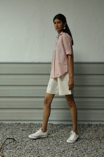 Pink Pleated Cotton Shirt With White Short Set at Kamakhyaa by Canoopi. This item is Canoopi, Casual Wear, Complete Sets, Khadi, Natural, Pink, Rayon, Regular Fit, Solids, Vacation Co-ords, White, Womenswear