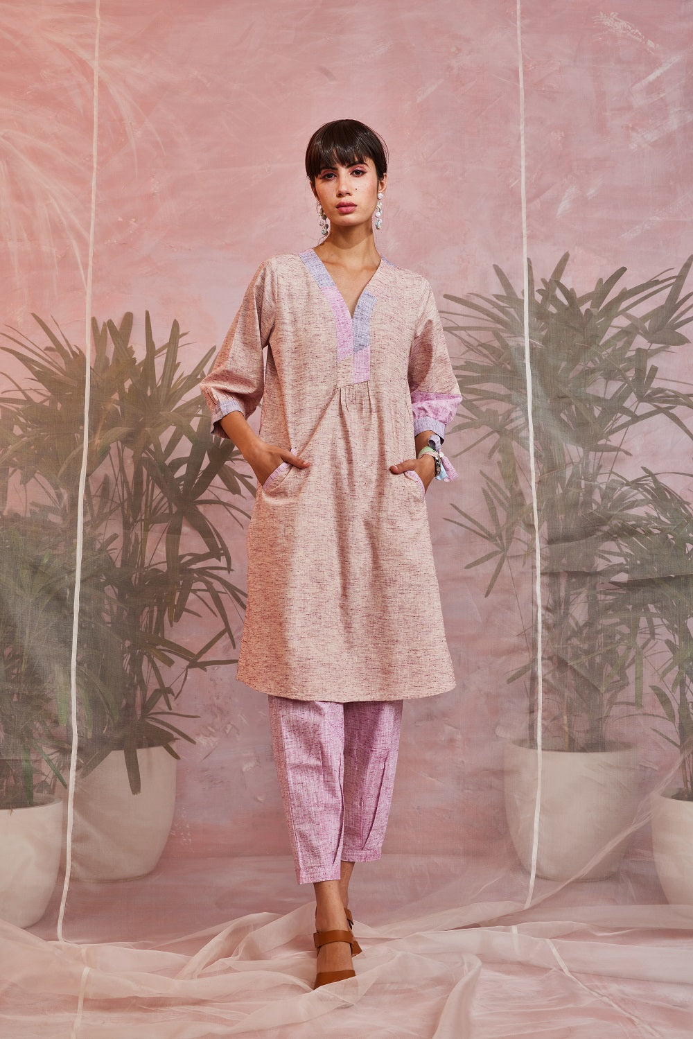 Pink Pocket Kurta with Pants at Kamakhyaa by Charkhee. This item is Casual Wear, Cotton, Indian Wear, Kurta Pant Sets, Natural, Patchwork, Pink, Regular Fit, Womenswear