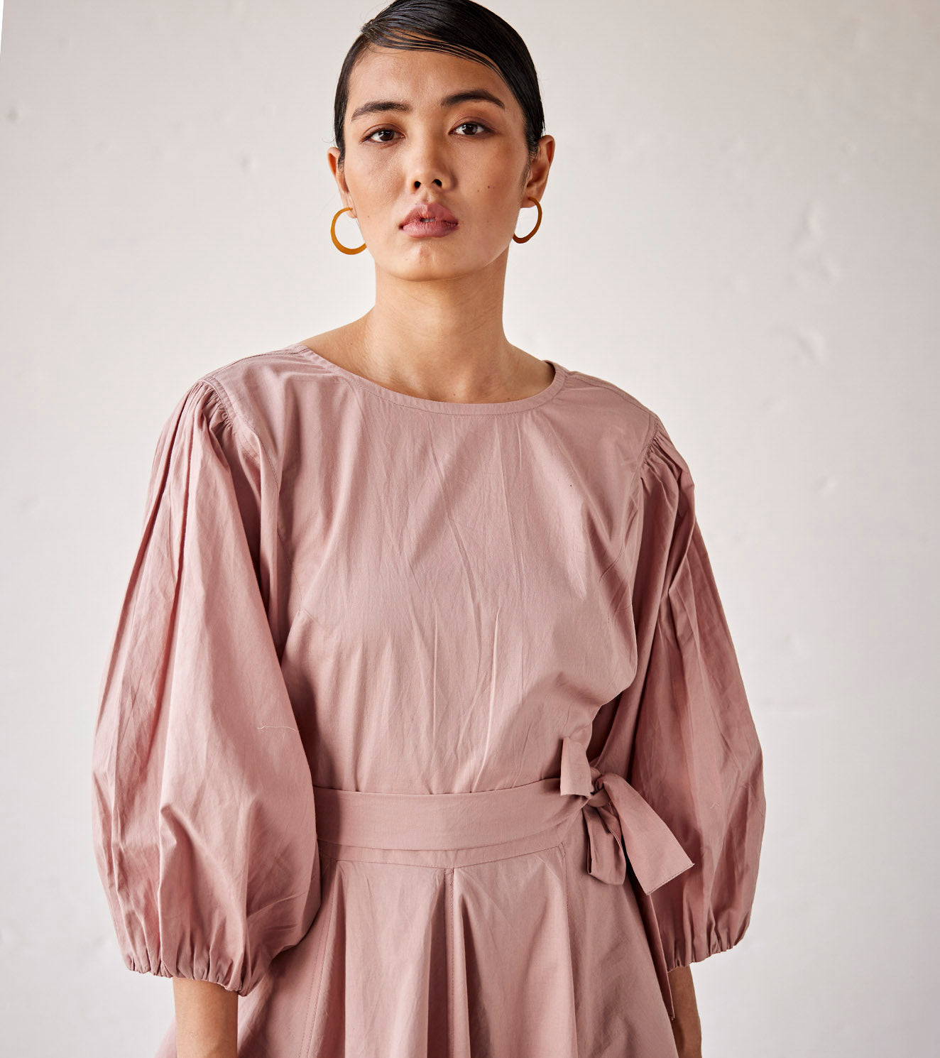 Pink Poplin Dress With Puff Sleeves at Kamakhyaa by Khara Kapas. This item is An Indian Summer, Casual Wear, Dresses, Organic, Pink, Poplin, Relaxed Fit, Solid, Womenswear